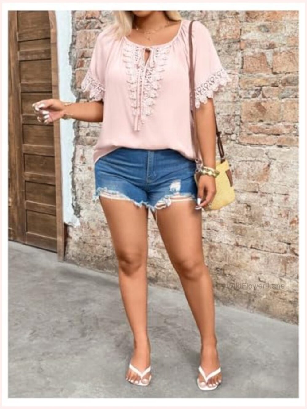Plus Size Lace V Neck Blouse Short Sleeve Bow Tie Front Casual Summer Top - Picture 5 of 5